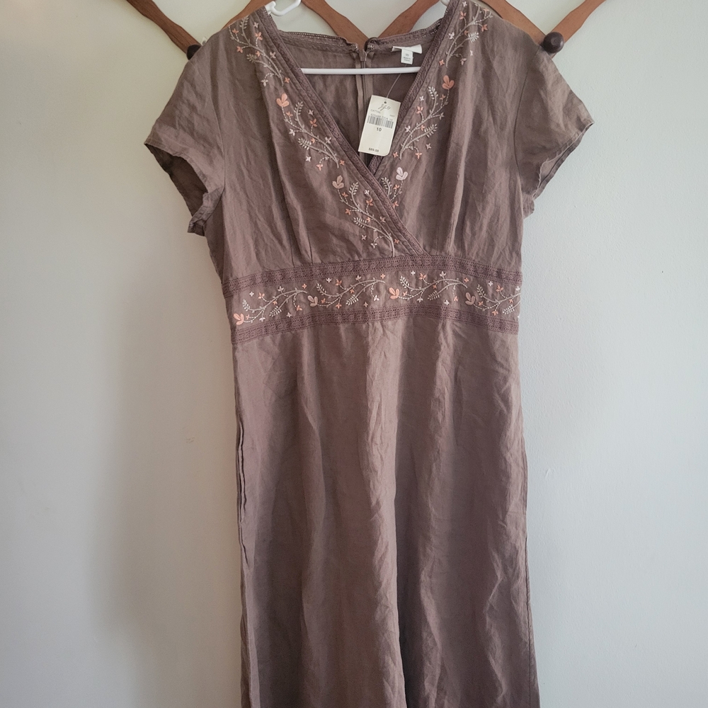 J. Jill Taupe Midi Dress with Pink Embroidery